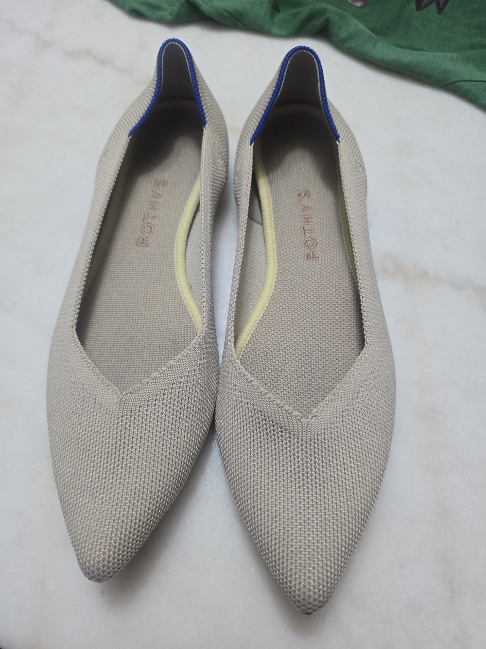 Rothy's Women's Pointed Knit Flats in Beige with Blue Trim